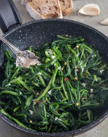 Chicory greens in a black pan.