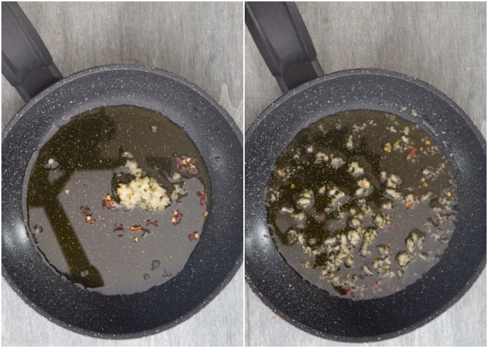 The olive oil, garlic and hot pepper flakes in a pan.