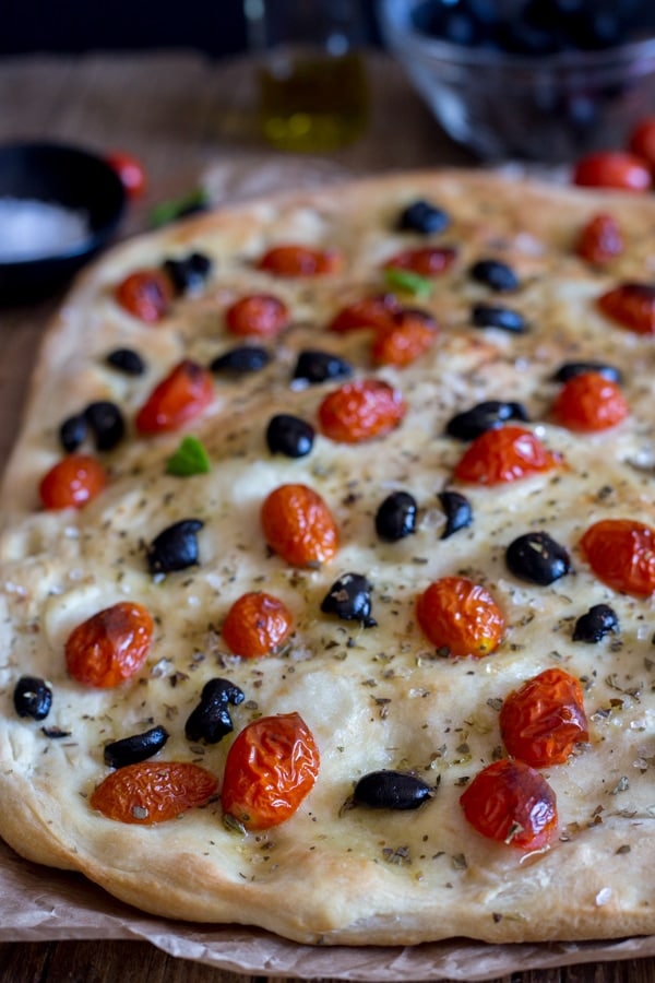 focaccia pugliese on a wooden board