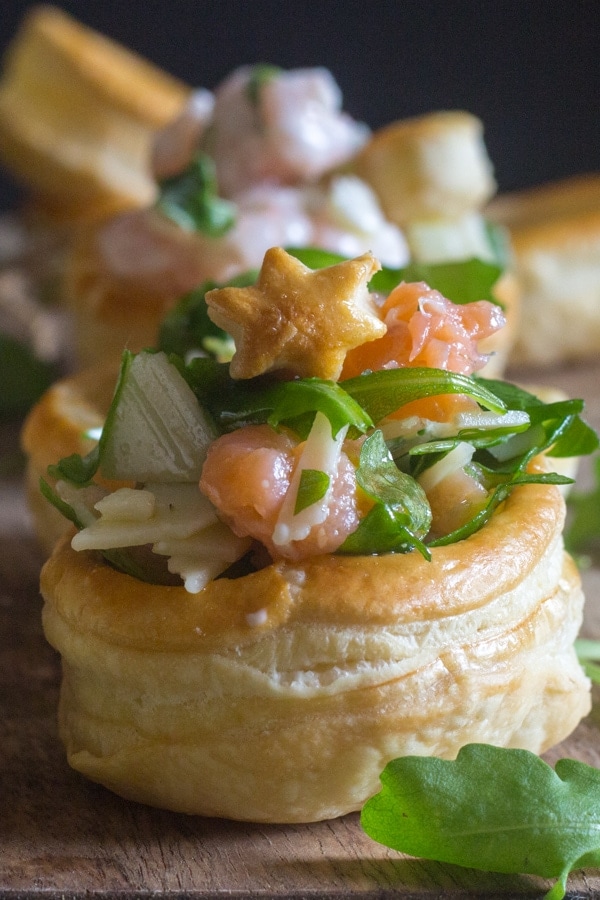 up close vol au vent filled with smoked salmon and parmesan