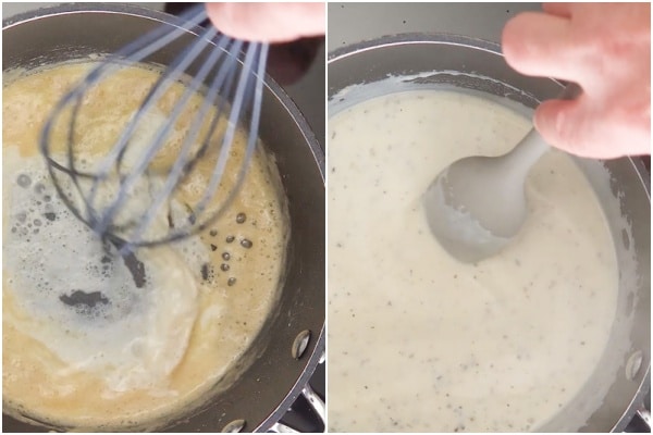 Making the white sauce in a pan.