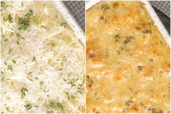 The baked dish before and after baked.