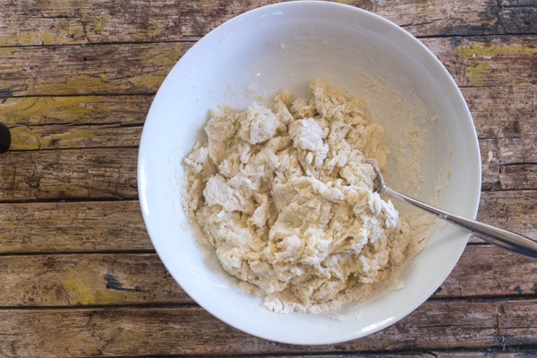 Cassatelle pastry dough ingredients almost combined.