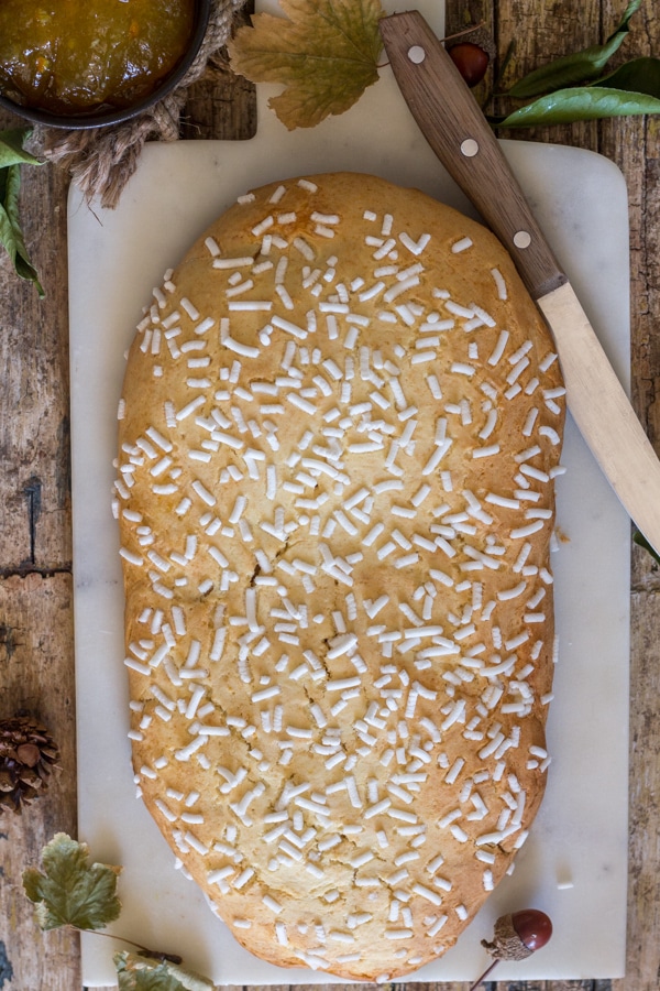 italian cake on a white marble board