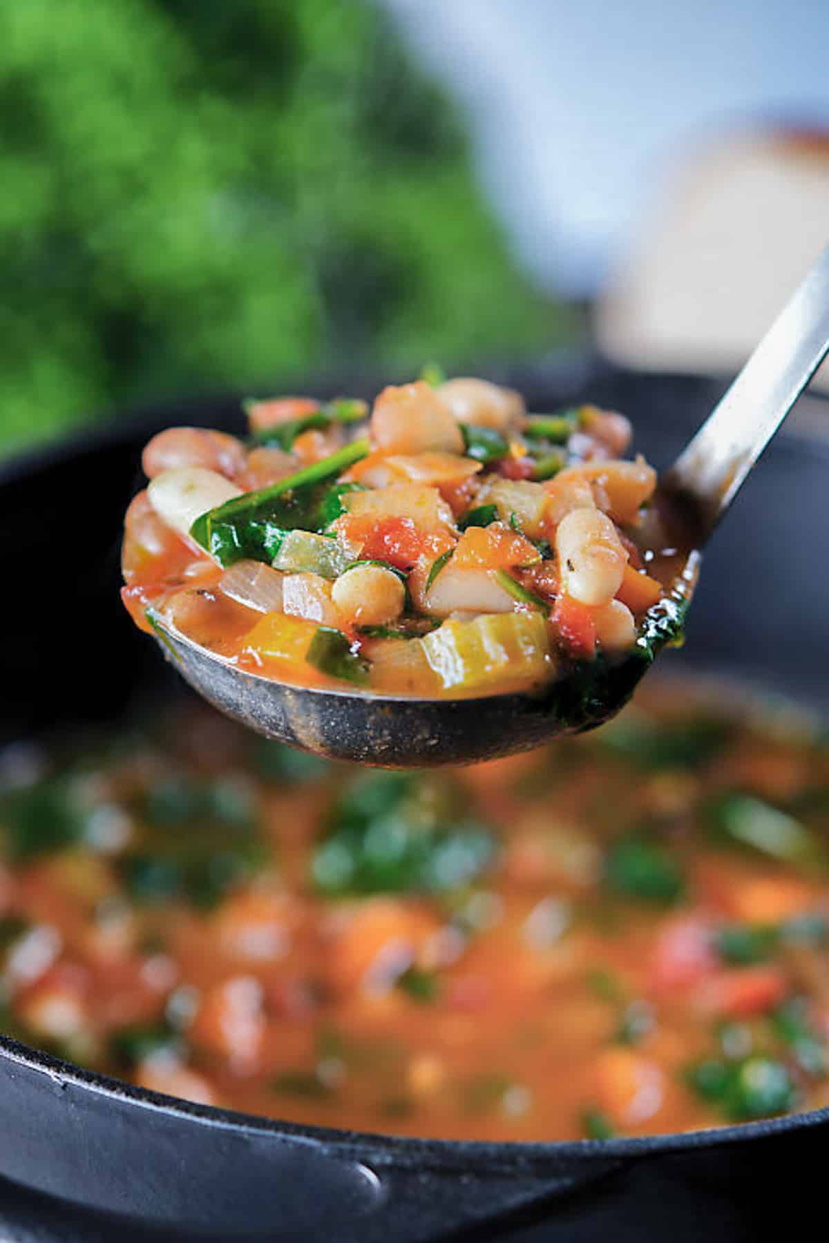 Two bean soup in a pot and on a ladle.