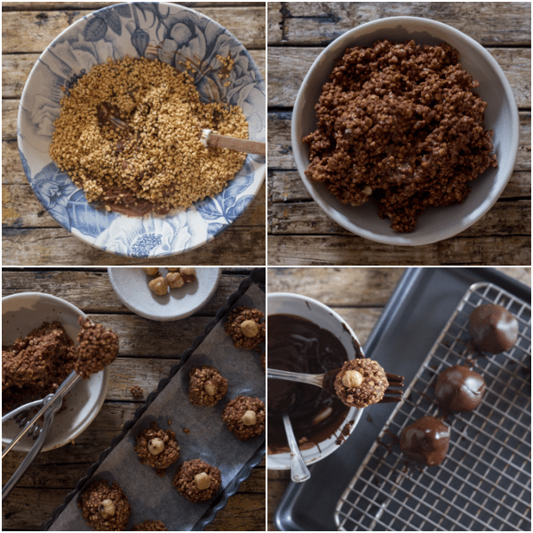 baci how to make grounding the nuts, mixing together and dipping in chocolate