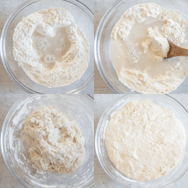 how make no knead pizza dough, mixing, resting and risen