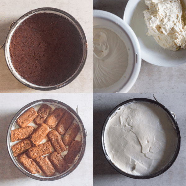 tiramisu cheesecake how to make crumb base, cookies, cream filling