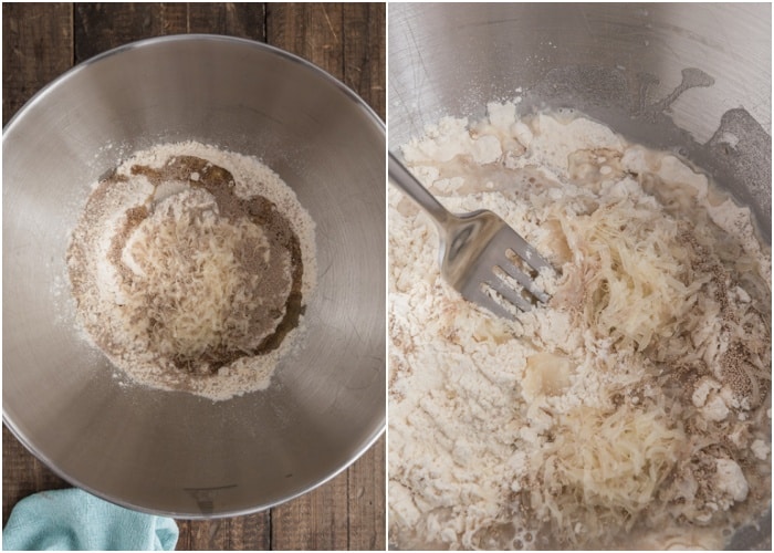 Mixing the yeast and water and adding the flour in the mixing bowl.