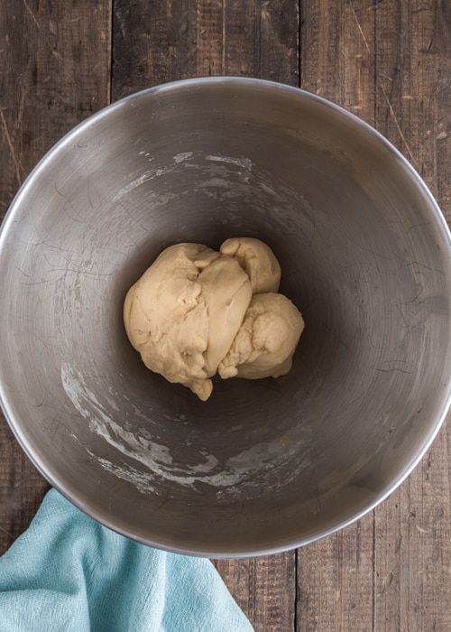 Forming the dough in the mixing bowl.
