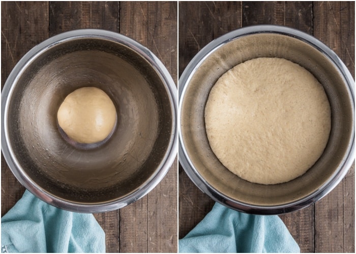 The dough before and after rising.