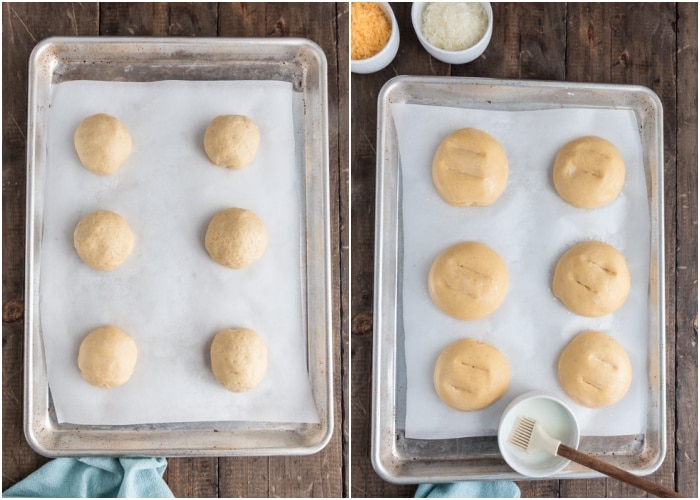 The dough divided into buns before and after rising.