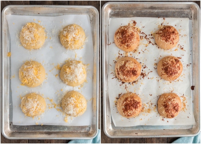 The buns with cheese before and after baking.