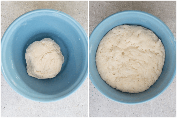 the starter dough before and after rising in a blue bowl