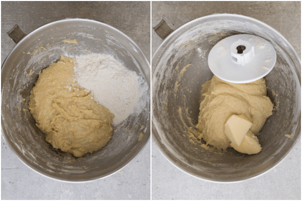 adding the flour to the 2nd risen dough and adding the butter in the mixer