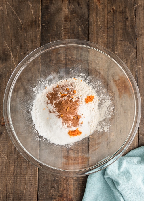 The dry ingredients in a glass bowl.