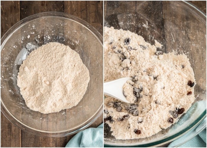 The butter cut into the dry ingredients and the raisins added.