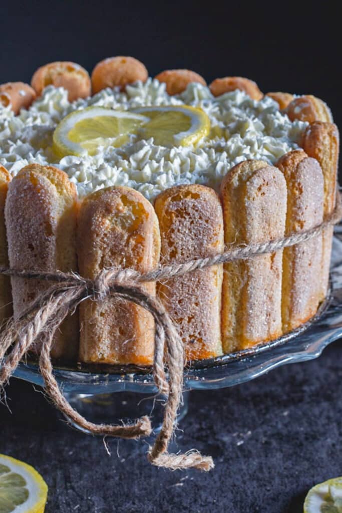 Lemon charlotte on a black cake stand.