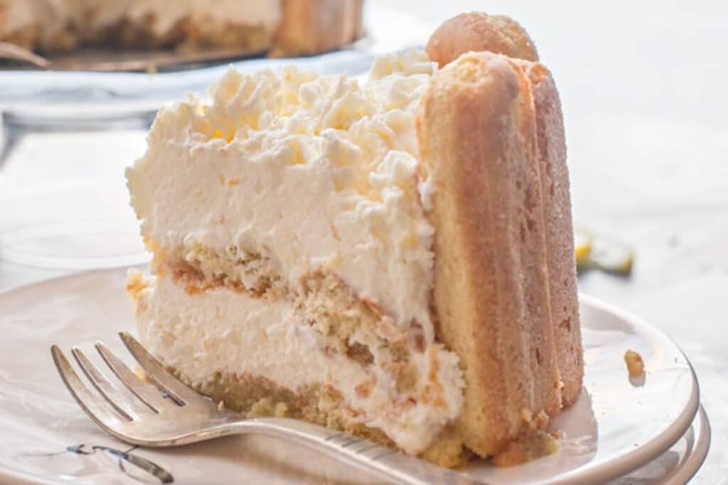 A slice of charlotte on a white plate.