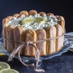 lemon charlotte on a glass cake dish