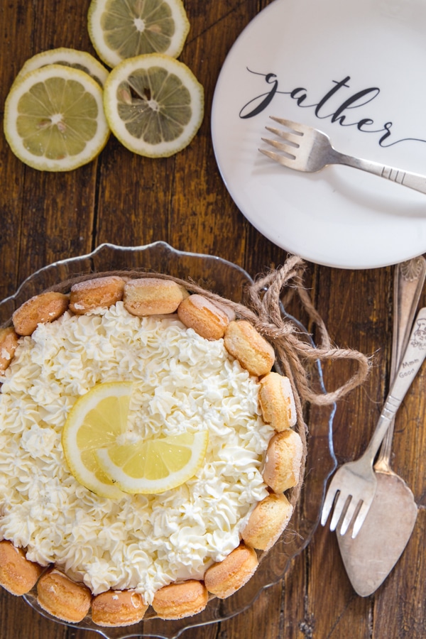 lemon charlotte on a wooden board