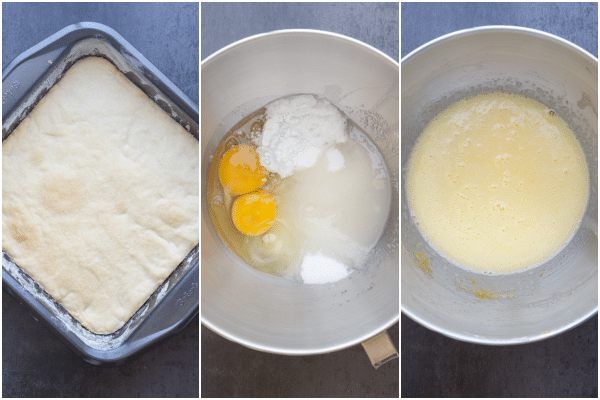 lemon squares how to make the baked base, the ingredients for the lemon filling and the lemon filling made