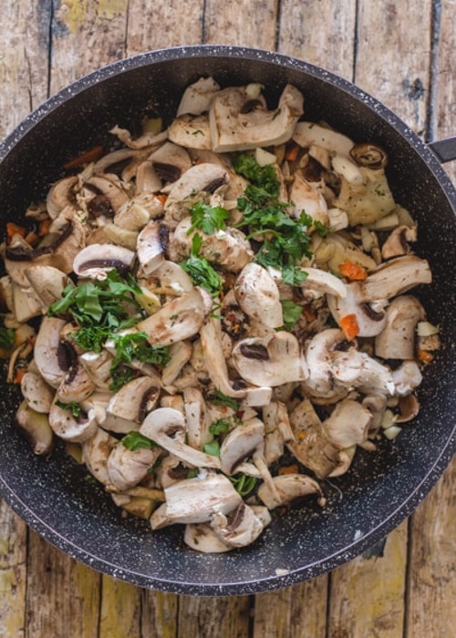 The mushrooms in the pan.