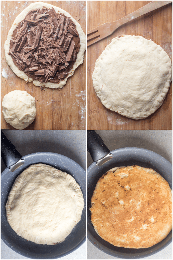 focaccia how to make the dough rolled, filled and in the skillet baked