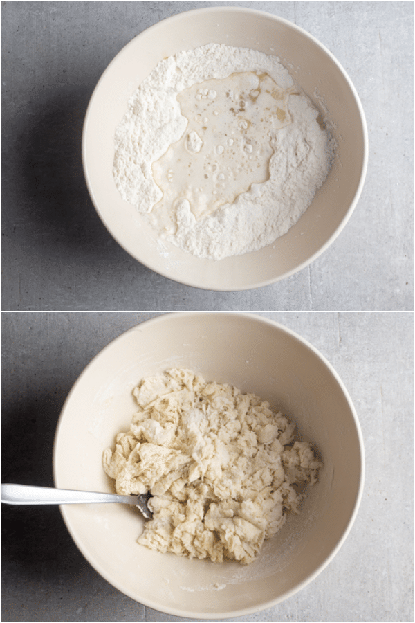 skillet focaccia how to make, the dry ingredients and the dough in a white bowl