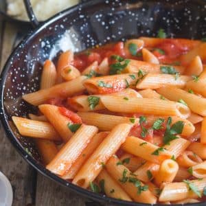 Pasta in a pan.