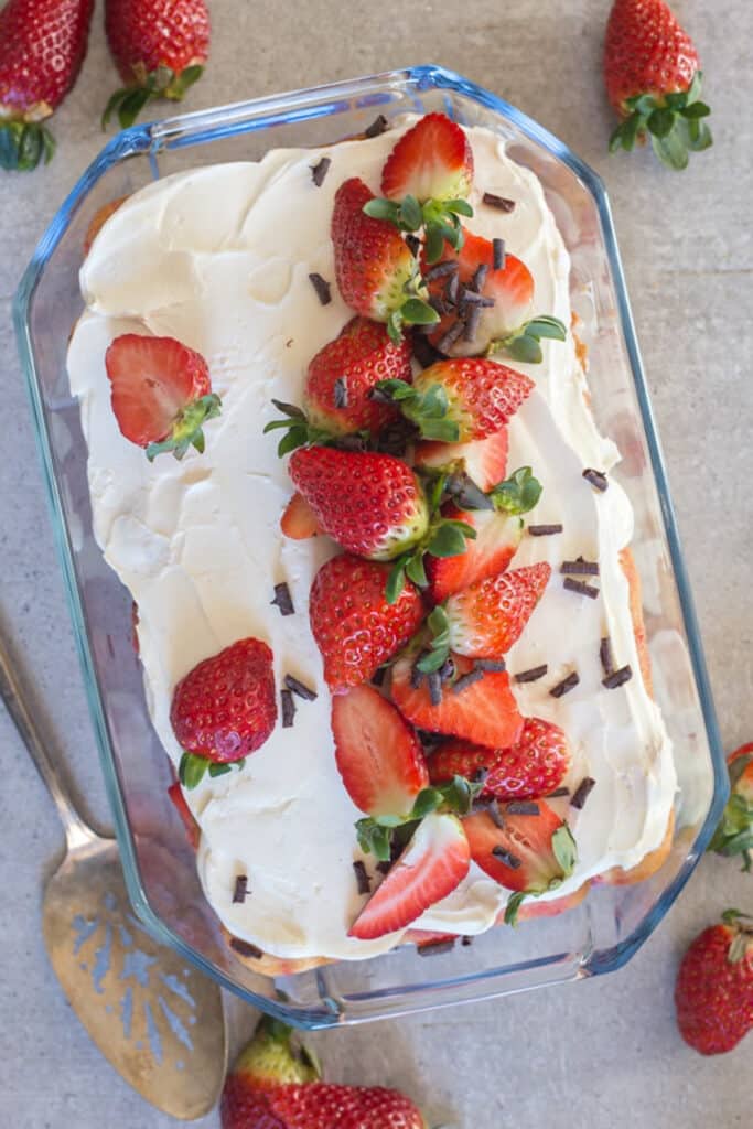 Strawberry tiramisu in a glass pan.