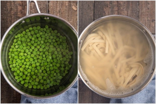Boiling the peas and noodles in a silver pot.