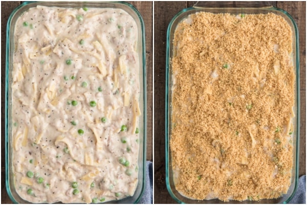The tuna casserole in the pan with topping.