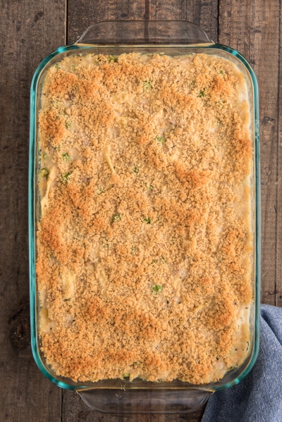 The casserole baked in a glass pan.