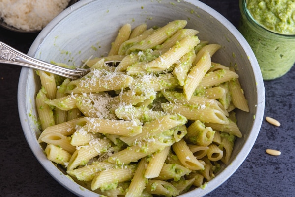 asparagus pesto & pasta in a white bowl