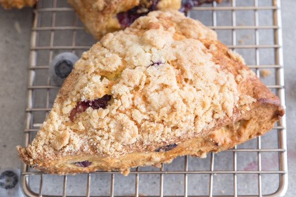 upclose blueberry scone on a wire rack