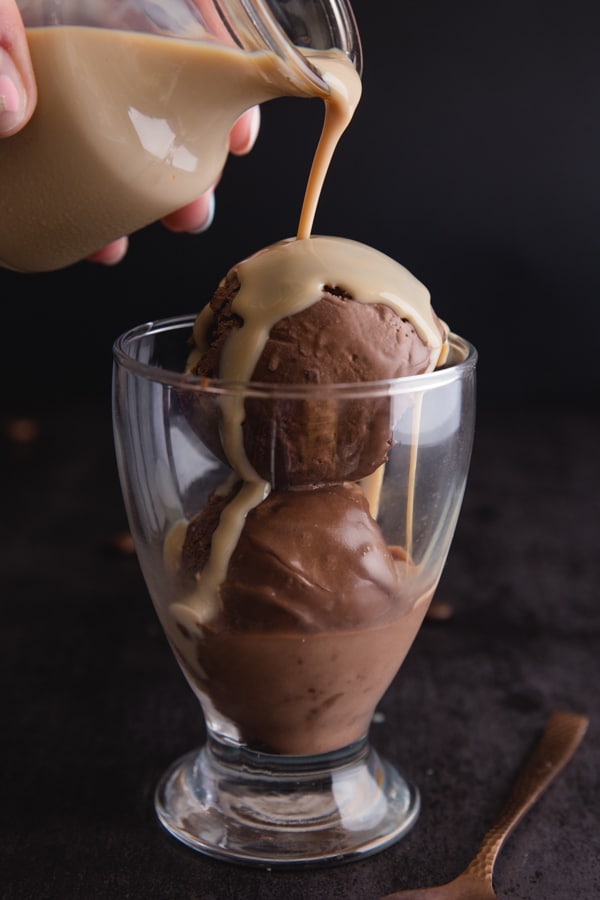 cream coffee liqueur affogato over chocolate ice cream