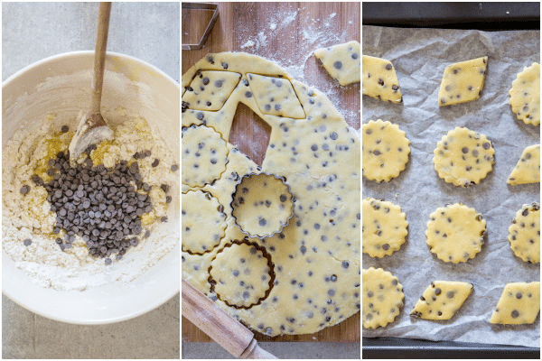 olive oil cookies how to make mixed in a bowl, dough rolled and cut and ready to bake