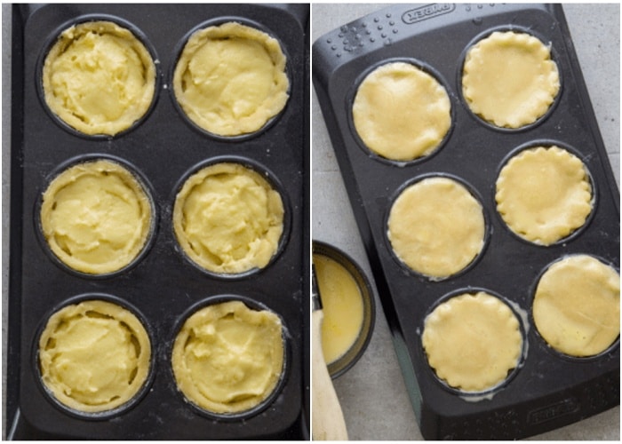 Pastry in the tin and pastry cream added before baking.