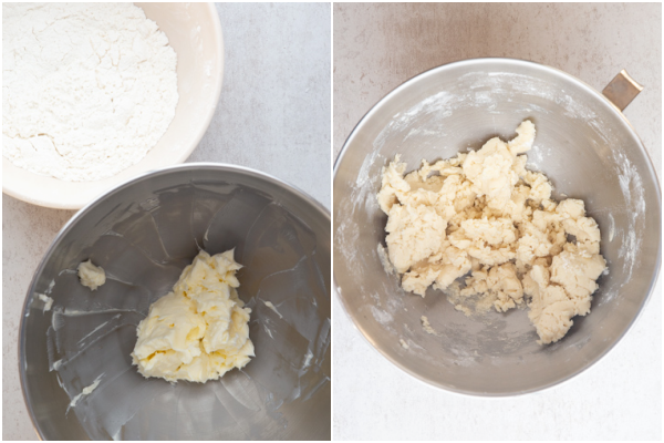 beating the butter, sifted flour in a bowl and the dough mixed in a silver mixing bowl