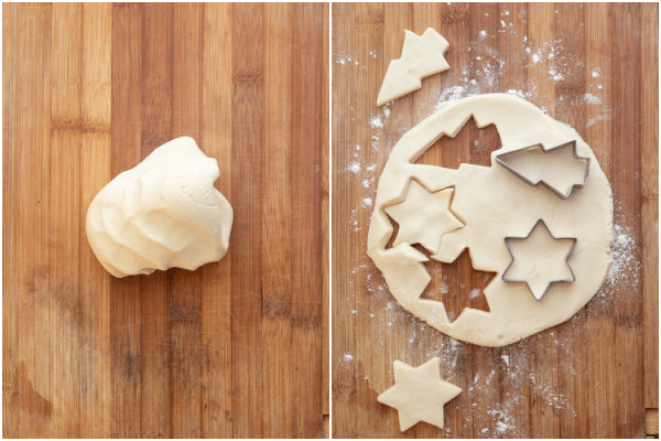forming the dough ball and rolling and cutting with cookie cutters on a wooden board