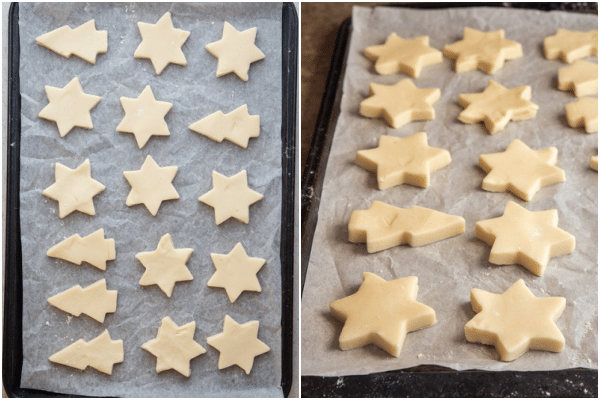 cookies cut out on parchment paper lined cookie sheet