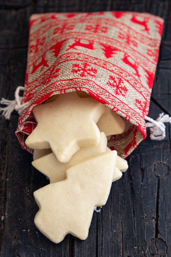 shortbread cookies in a holiday bag with 3 sticking out