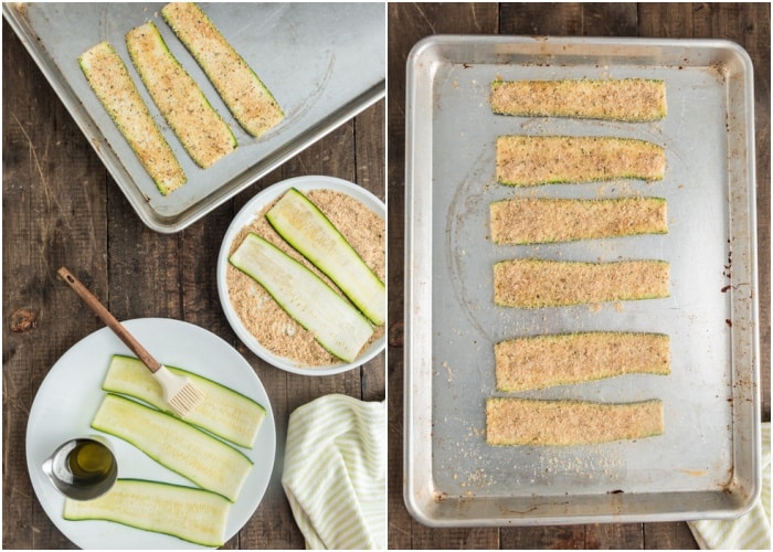 The zucchini slices dipped in the bread crumbs and on the baking sheet.