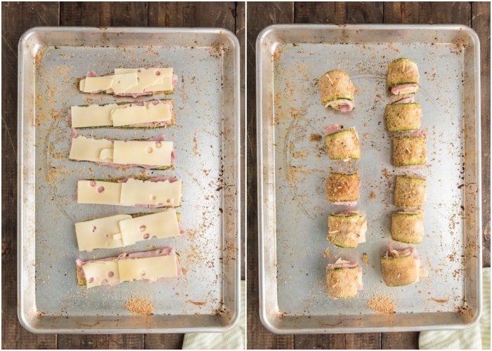 The cheese and ham on the slices and rolled up on the baking sheet.