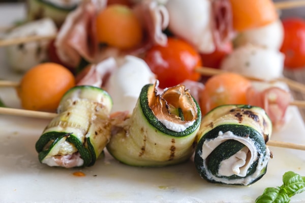 ricotta cream on grilled zucchini on a skewer