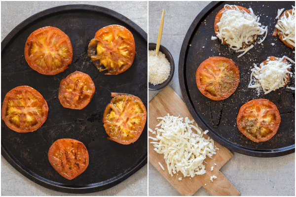 baked tomatoes how to make, grilled and sliced on a pan and topped with mozzarella and parmesan