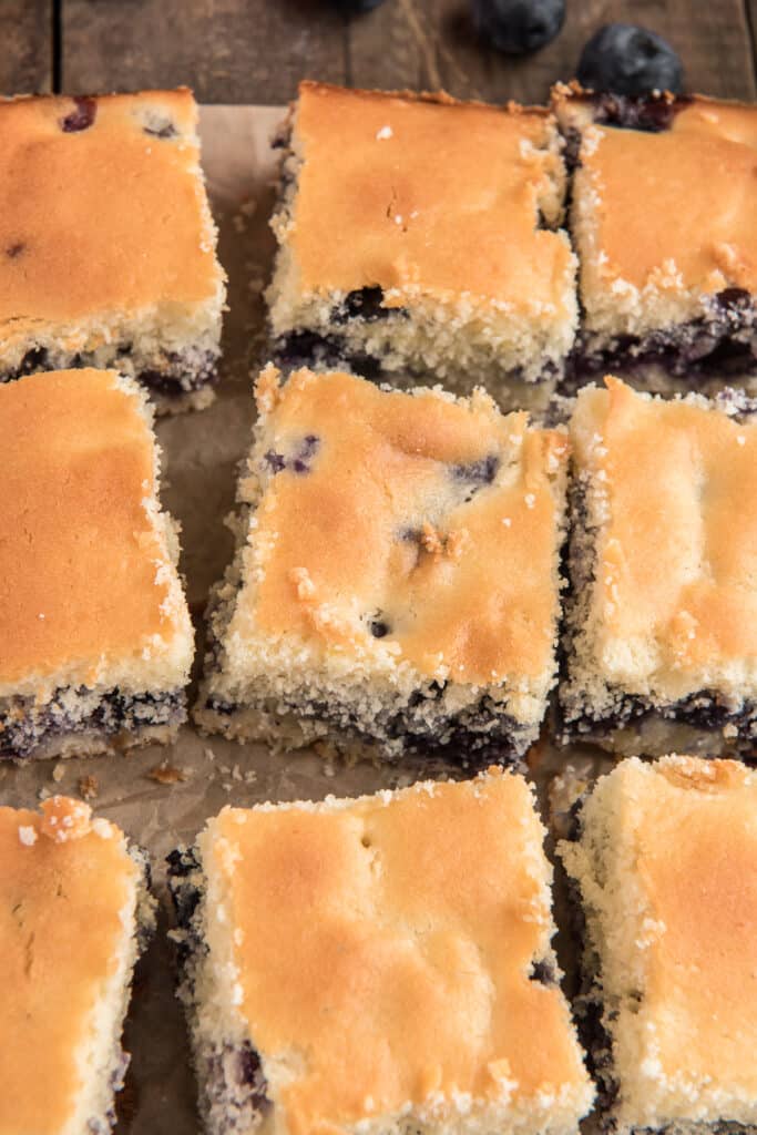 Blueberry bars cut into squares.