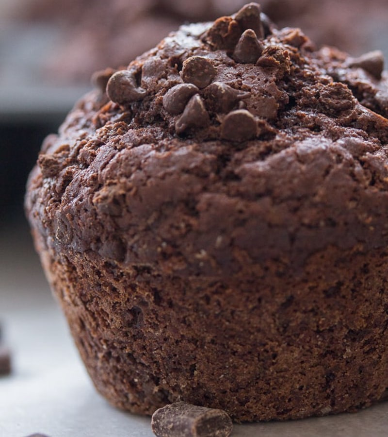 A chocolate muffin up close.