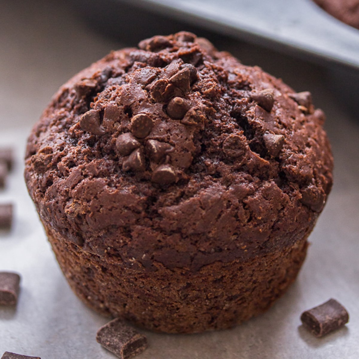 Chocolate muffin on a grey board.